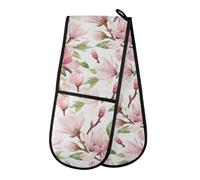 Double Oven Gloves Pink Magnolia Flower Spring Heat Resistant Pot Holder Oven Mitt Gloves for BBQ Cooking Baking Grilling Microwave