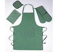 Double Oven Gloves Set with Apron Heat Resistant Oven Mitts for Home Kitchen Baking and Cooking, Butchers Stripe Pot Pan Tray Double Oven Gloves Set (Green)