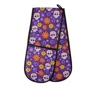 Double Oven Gloves Skull Purple Flower Day Of The Dead Heat Resistant Pot Holder Oven Mitt Gloves for BBQ Cooking Baking Grilling Microwave