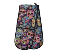 Double Oven Gloves Skulls Day Of The Dead Heat Resistant Pot Holder Oven Mitt Gloves for BBQ Cooking Baking Grilling Microwave