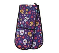 Double Oven Gloves Skulls Flowers Day Of The Dead Heat Resistant Pot Holder Oven Mitt Gloves for BBQ Cooking Baking Grilling Microwave
