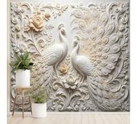 Double Peacocks Floral Wall Mural Baroque Peacock Feather Floral Non-Woven Wallpaper 350 x 256 cm Cream Beige Botanical Flower Wall Covering for Bedroom Living Room Feature Walls Decor Peacocks Flor