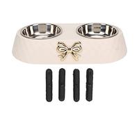 Double Pet Bowls Secure - Grip Stainless Steel | Food & Water Bowls with Bowknot Holder | for Dogs/Cats/Small Pets | Rustproof & Dishwasher Friendly (Beige)