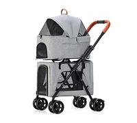 Double Pet Dog Pram Stroller Travel Carrier Breathable Cat Dog Strollers for 2 Dogs/Cats Detachable Cage Foldable Double-Layer Pet Trolley Pushchair (Green) (Grey a)