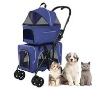 Double Pet Stroller Cat Dog Pram Breathable Travel Carrier, 4 Wheel Pet Dog Stroller Pushchair Lightweight Pet Strollers for Dogs and Cats, Great for Twin Or Multiple(Blue)