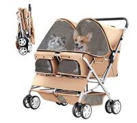 Double Pet Stroller, Foldable Stroller for 2 Dogs & Cats, Two-Seater Carrier Twin Dog Walk Jogger Travel Pet Carriage Cart with Storage, Beige