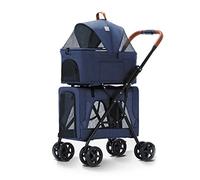 Double Pet Stroller for 2 Dogs & Cats, Dog Stroller for Medium Small Dogs Pram, Folding Travel Cat Stroller Pushchairs Buggy with 4 Wheels Suspension System Puppy Rabbits Carrier (Blue)