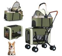 Double Pet Stroller for Dogs and Cats: Dog Stroller Foldable Travel Carriage with Detachable Carriers, Safety Belts, and 4 Lockable Wheels for Small to Medium Pets - Ideal for Multi-Pet Homes (Green)