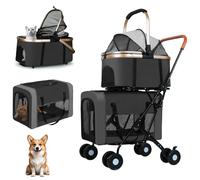 Double Pet Stroller for Dogs and Cats: Dog Stroller Foldable Travel Carriage with Detachable Carriers, Safety Belts, and 4 Lockable Wheels for Small to Medium Pets - Ideal for Multi-Pet Homes (Black)