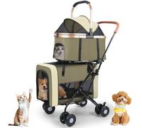 Double Pet Stroller for Dogs and Cats, Folding Stroller with 2 Detachable Carrier Bags, Safety Belt, 4 Lockable Wheels, Separate Compartments for Multi-Pet Homes