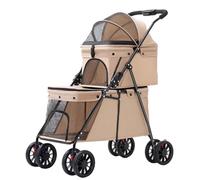 Double Pet Stroller for Dogs and Cats, One-Hand Folding Dog Stroller Travel Carriage for Small Medium Dogs Cats, 4 Wheels, Gray(Curry)