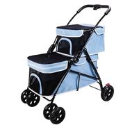 Double Pet Stroller for Dogs and Cats, One-Hand Folding Dog Stroller Travel Carriage for Small Medium Dogs Cats, 4 Wheels(Blue)