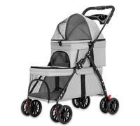 Double Pet Stroller for Dogs & Cats, Foldable Pet Cart with Lockable Wheels, Storage Space, Easy One-Handed Operation, Gray Dog Stroller