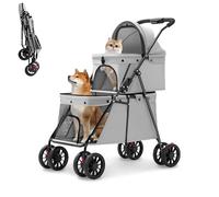 Double Pet Stroller for Medium Small Dogs and Cats with 2 Carriage, Durable Universal Wheels with Brakes Lightweight One Hand Foldale Kittens Puppies Travel Strolling Cart (Gray)