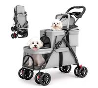 Double Pet Stroller for Small Cats and Dogs, Dog Stroller Layers, One Hand Folding 2 Tier Trolley, Cup Holder & Lockable 4 Wheels Safety Belt Breathable Mesh Multi-Pet Families Travel Camping Grey