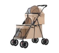 Double Pet Stroller for Small & Medium Dogs - Lightweight Foldable Cat Stroller with One-Button Collapse, Breathable Mesh & Storage Basket - Outdoor Walking Carrier for Puppies (Brown)