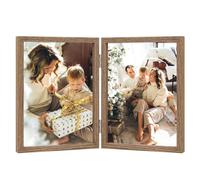 Double Photo Frame 4x6 Hinged Folding Wood Picture Frame with Glass Front Stand Vertical on Desktop Wood Grain