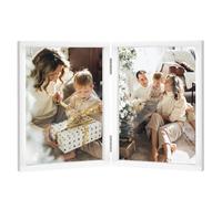 Double Photo Frame 4x6 Hinged Folding Wood Picture Frame with Glass Front Stand Vertical on Desktop White