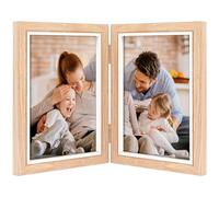 Double Photo Frame 4x6 Hinged Folding Wood Picture Frame with High Definition Glass Front Stand Vertical on Desktop for Display (Double (wood color))
