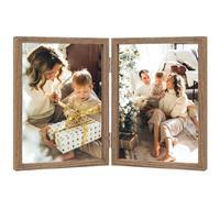 Double Photo Frame 5x7 Hinged Folding Wood Picture Frame with Glass Front Stand Vertical on Desktop Wood Grain