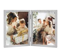 Double Photo Frame 5x7 Hinged Folding Wood Picture Frame with Glass Front Stand Vertical on Desktop Silver