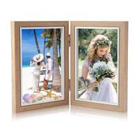 Double Photo Frame 6x4 Hinged Folding Picture Frames, Holds 2 Standard 15 x 10 cm Photos Wooden Picture Frame Multi Photo Frames for Wedding or Family Photos, Stand Vertical on Desktop (Yellow)