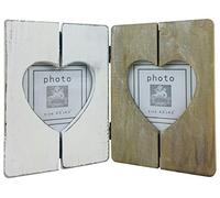 Double Photo Frame Large - Wooden Rustic Heart Shaped Shabby Chic Picture Frames to hold Multi Photos 4.5"x 4.5" inches Natural/White finish