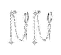 Double Piercing Chain Small Hoop CZ Octagram Stud Earrings | Titanium Steel Post, Flat Screw Back Cartilage Earring, Star & Spike Charm Tassel, Two Hole Celestial Jewellery