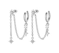 Double Piercing Chain Small Hoop CZ Octagram Stud Earrings | Titanium Steel Post, Flat Screw Back Cartilage Earring, Star & Spike Charm Tassel, Two Hole Celestial Jewellery