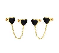 Double Piercing Tiny Heart Stud With Chain Cuff Earrings for Women Stainless Steel Gold-tone Colorful Enamel Love Hearts Cartilage Two Holes Fashion Climber Crawler Trendy Jewelry for Her Bff, M