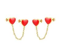 Double Piercing Tiny Heart Stud With Chain Cuff Earrings for Women Stainless Steel Gold-tone Colorful Enamel Love Hearts Cartilage Two Holes Fashion Climber Crawler Trendy Jewelry for Her Bff, M