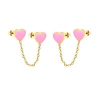 Double Piercing Tiny Heart Stud With Chain Cuff Earrings for Women Stainless Steel Gold-tone Colorful Enamel Love Hearts Cartilage Two Holes Fashion Climber Crawler Trendy Jewelry for Her Bff, M