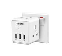 Double Plug Adapter UK with 3 USB, TESSAN Surge Protector Multi Plug Extension Socket, 13A Cube Wall Socket for Home, Office, Kitchen, School Supplies