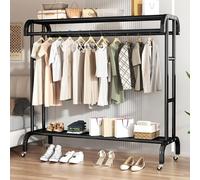 Double Pole Heavy Duty Metal Clothes Rack on Wheels Freestanding Garment Rack for Bedroom Home Office Indoor Coat Hanger and Clothing Rail