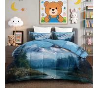 Double Printed Coverless Duvet 200 x 200 cm Blue Modern Snow Mountain Pine Forest River, 10.5 Tog Comforter Set with 2 Pillowcases - 100% Down Alternative Bedding For All Seasons, Lightweight Warm