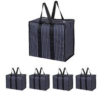 Double R Bags Extra Large Multipurpose Heavy Duty Canvas Storage Organizer Shopper Bag with Strong Handles, Zip Cover & 1 Compartment (43x26.6x45.7 cm, Navy, Pack of 5)
