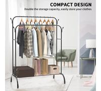 (Double Rails) Clothes Rail Heavy Duty Clothes Rails Clothing Garment Rack with Hooks Bottom Rack for Bedroom