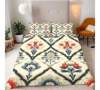 Double Red, Blue And Gold Flowers Bedding Set Ultra-Soft Microfiber Duvet Cover Set 3Pcs - 200x200cm + 2 Pillowcases 50x75cm-Classical Art Style 3D Printed Design with Zip Closure & Corner Ties