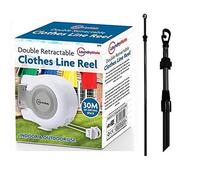 Double Retractable Clothes Line Reel White WITH 2 x 2.4M Extending Washing Line Cloths Prop Laundry Support Extendable Pole Telescopic