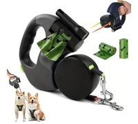 Double Retractable Dog Lead, 360° No-Tangle Retractable Pet Leash Reflective Leads for 2 Dogs Walking with LED Light & Poop Bag Holder, One-Hand Brake (Black)