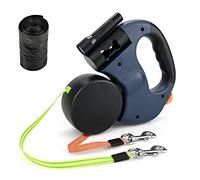 Double Retractable Dog Lead, Reinforced Extendable with Non-Slip Handle Dog Lead with LED Light and Rubbish Box for Walking 2 Dogs, 360° Tangle-Free Strong Nylon Band, One-Hand Brake (Blue)