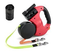 Double Retractable Dog Lead, Reinforced Extendable with Non-Slip Handle Dog Lead with LED Light and Rubbish Box for Walking 2 Dogs, 360° Tangle-Free Strong Nylon Band, One-Hand Brake (Red)