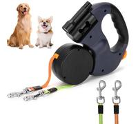Double Retractable Dog Leash, Retractable Reflective Leash for Walking 2 Dogs, Reinforced Retractable Dog Lead with LED and Rubbish Box, Dogs Extension Lead for Walking 2 Pets, One-Hand Brake