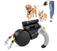 Double Retractable Dog Leash with Poop Bag Holder Led Light One Handed Brake for Two Dogs Outdoor Walking Dual Head Design Nylon Material 3 Meters Length