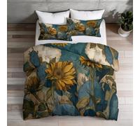 Double Reversible Comforter 7.5 Tog, Retro Floral Sunflower Plant Cactus Multicoloured Coverless Duvet 200 x 200 cm - Easy Care All-Season Bedding for Camping, RV and Travel