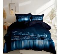 Double Reversible Duvet Cover Set, Architecture New York Bridge Night View Printed Bedding Set with Zipper Closure, Soft Lightweight Microfiber Quilt Cover for Bedroom or Dorm Easy Care, Dark Blue