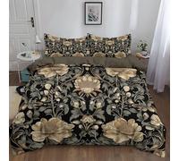 Double Reversible Duvet Cover Set, William Morris Style Flowers Pattern Bedding, Black and Tan Quilt Cover with Zipper for All Seasons 200 x 200 cm, Microfiber Adults & Kids Duvet Covers