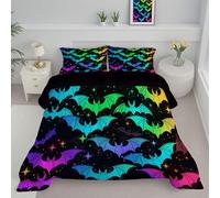 Double Reversible Duvet - Glowing Bat Coverless Duvet - All Seasons Halloween Starry Sky Duvet- Quilt with Pillowcases - Lightweight Washable Comforter 200x200cm Neon Blue