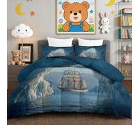 Double Reversible Duvet Set - Blue Realistic Polar Exploration Ship Ice Cave Quilt, Washable All Season Comforter with 2 Pillowcases, Warm and Anti Allergy Easy Care Coverless Duvet 200 x 200 cm