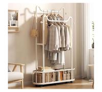 Double Rod Clothing Rack on Wheels Steel Garment Hanger with Storage Box 80cm/31.5in Portable Wardrobe for Bedroom White Rolling Clothes